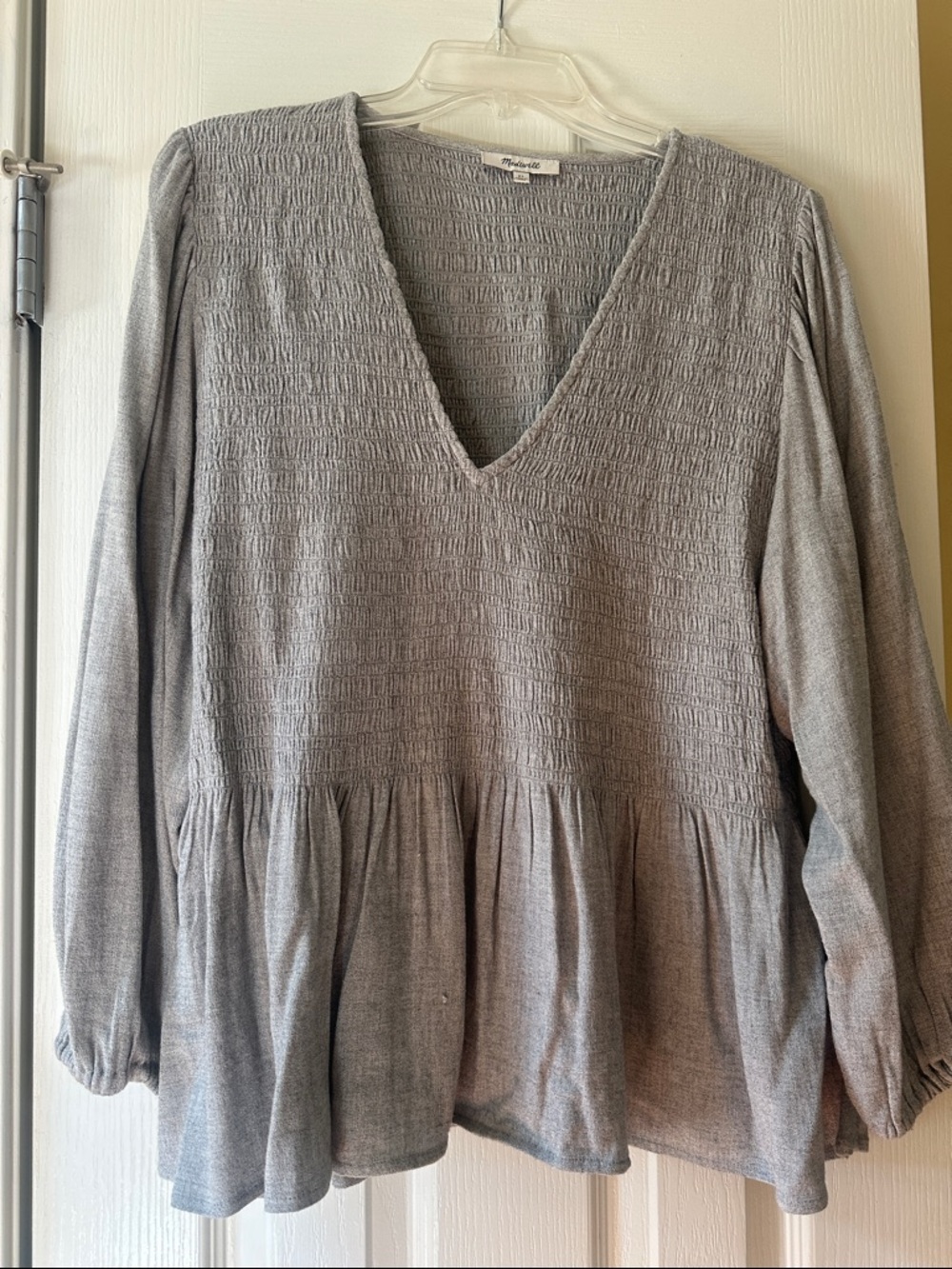 Madewell Light Gray Smocked V-Neck Peplum Tunic